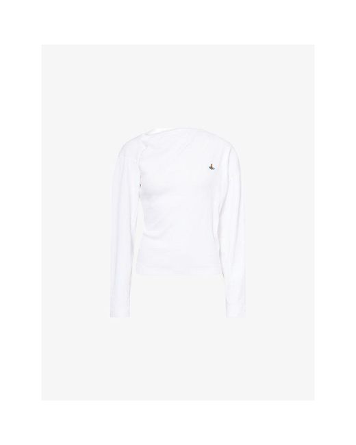 Vivienne Westwood White Hebo Asymmetric-Neck Ribbed Stretch-Cotton Top