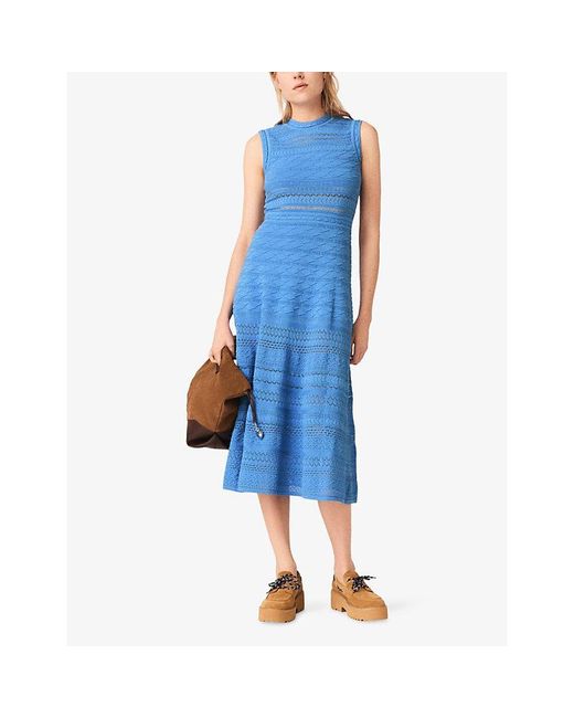 Maje Blue Geometric-Jacquard Openwork Knitted Maxi Dress