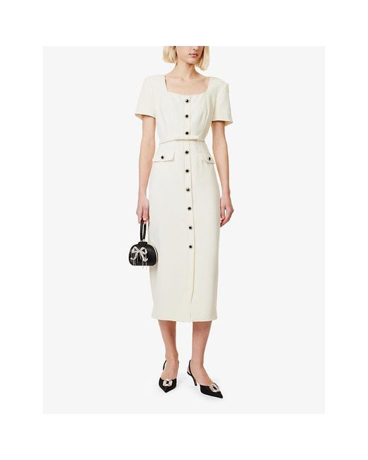 Self-Portrait White Square-Neck Embellished-Buttons Crepe Midi Dress
