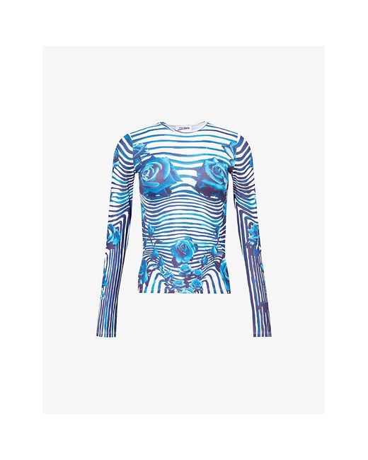 Jean Paul Gaultier Blue White Vy Striped Floral-print Stretch-woven Top
