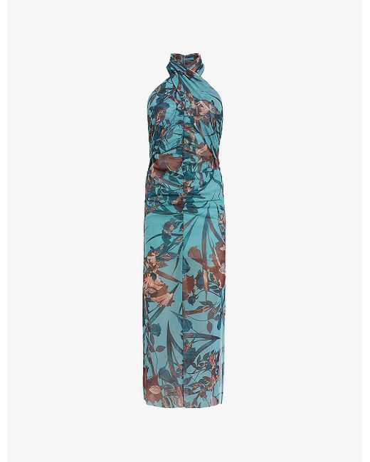 AllSaints Blue Kaih Batu Graphic-print Tie-neck Stretch-mesh Midi Dress