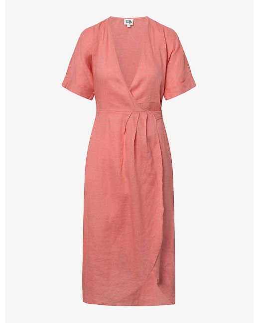 Twist & Tango Pink Mya Wrap-front Short-sleeve Linen Midi Dress