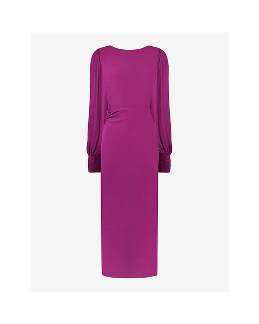 Ro&zo Purple Ruched-side Balloon-sleeve Woven Midi Dress