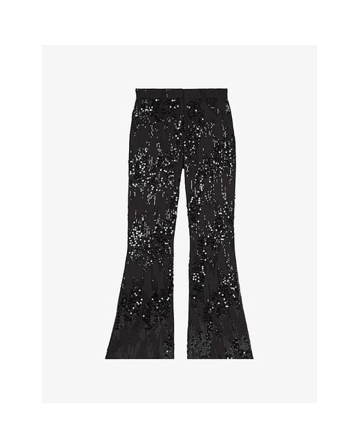 The Kooples Black Flared-Leg Sequin-Embellished Trousers