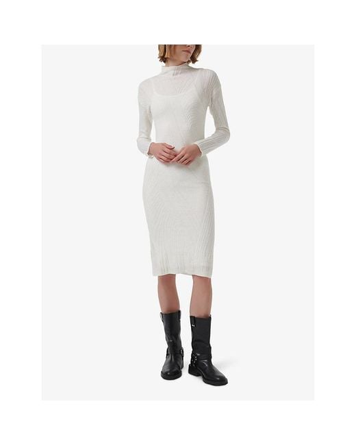 eem White High-Neck Jacquard-Knit Midi Dress