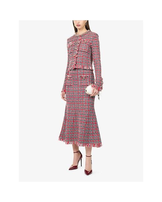 Self-Portrait Red Frayed-Hem Checked Cotton-Knit Midi Skirt