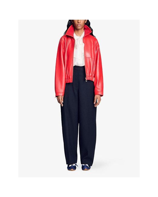 Sandro Red Elasticated-Hem Leather Jacket
