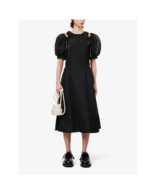 Simone Rocha Black Puff-sleeve Lace Woven Midi Dress