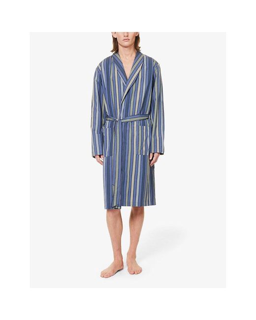 Hanro Blue Striped Tie-belt Cotton Robe for men