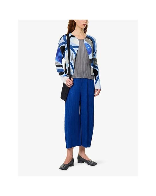 Pleats Please Issey Miyake Blue Pleated Ankle-Crop Knitted Trousers