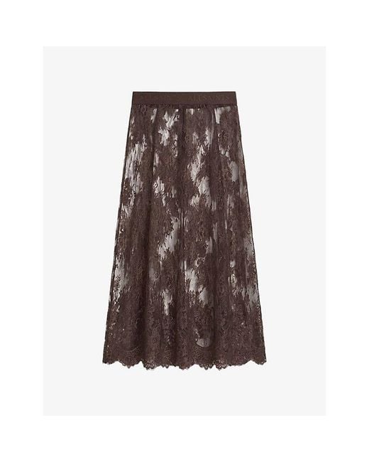 AllSaints Brown Arran High-Rise Lace-Embroidered Woven Midi Skirt