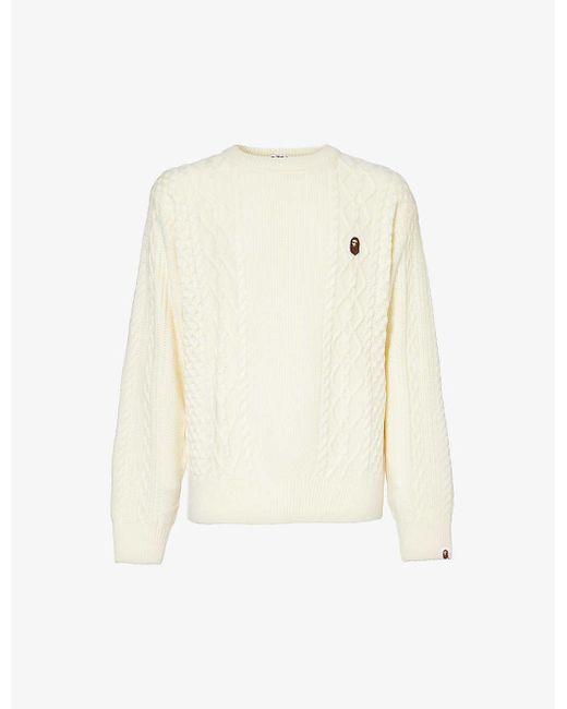 A Bathing Ape White Brand-embroidered Cable-texture Knitted Jumper for men