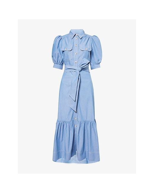 ME+EM Blue Chambray Puff-Sleeve Belted Cotton Midi Dress
