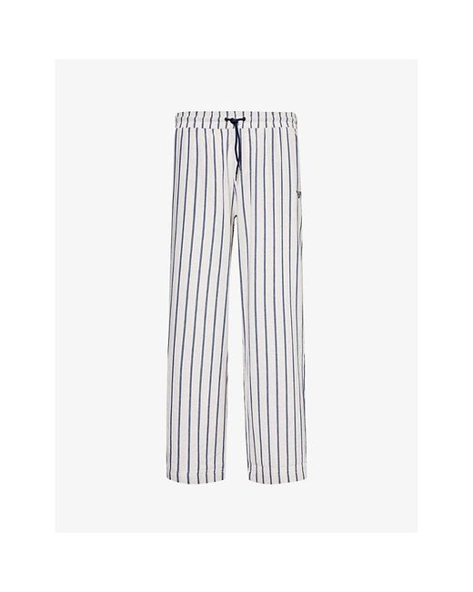 Emporio Armani Blue Stripe-print Straight-leg Cotton And Linen-blend Trousers for men