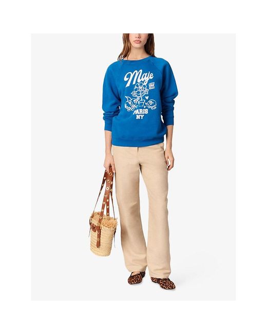 Maje Blue Branded-Print Round-Neck Cotton-Blend Sweatshirt
