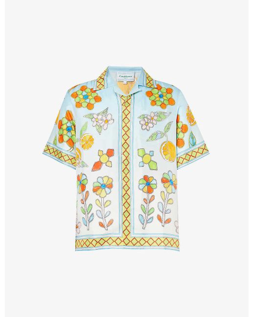 Casablancabrand White Yoruba Flowers Graphic-print Silk Shirt for men