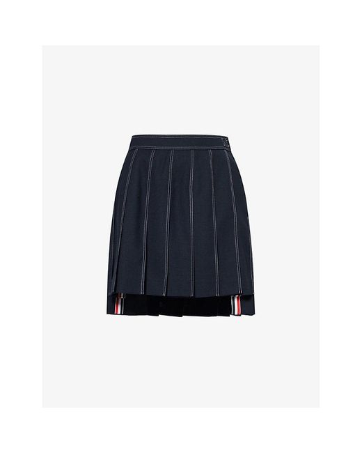 Thom Browne Blue Pleated Contrast-stitching Wool Mini Skirt