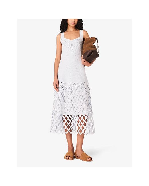 Maje Blue Crochet Rhinestone-Embellished Knitted Midi Dress