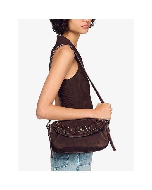 Sandro Black Le Mambo Studded Suede Shoulder Bag
