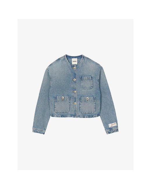 Sandro Blue Round-Neck Patch-Pocket Denim Jacket