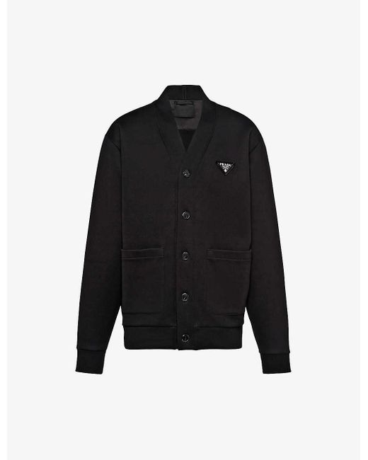 Prada Black Brand-plaque V-neck Oversized-fit Cotton Cardigan X for men