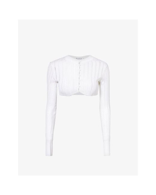 Alaïa White Slim-fit Round-neck Knitted Cardigan