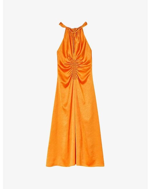 Sandro Orange Ruched Halter-neck Satin Midi Dress