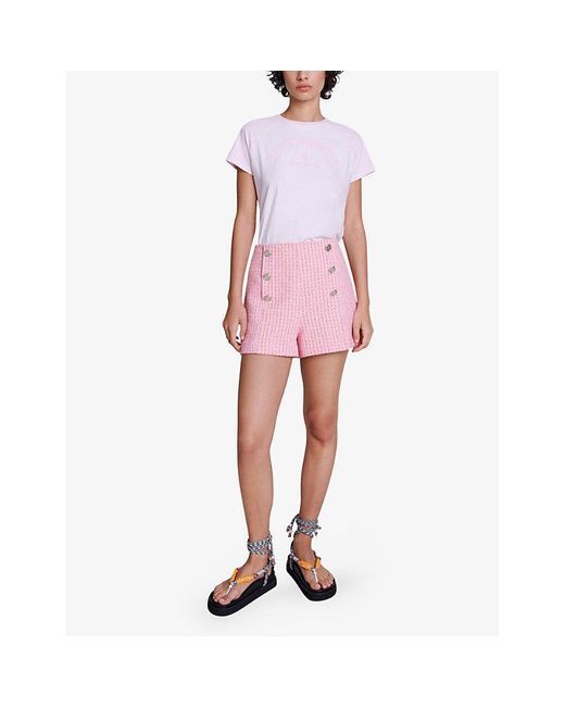 Maje Pink Button-embellished Tweed Shorts