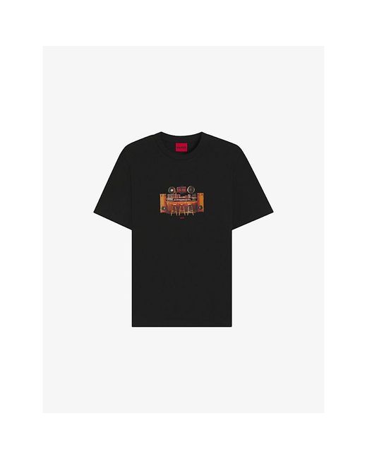 HUGO Black Artwork-Print Short-Sleeved Cotton-Jersey T-Shirt for men