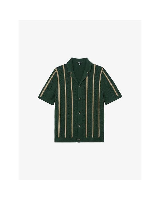 Reiss Green Ellingham Striped Knitted Cotton-Blend Shirt for men