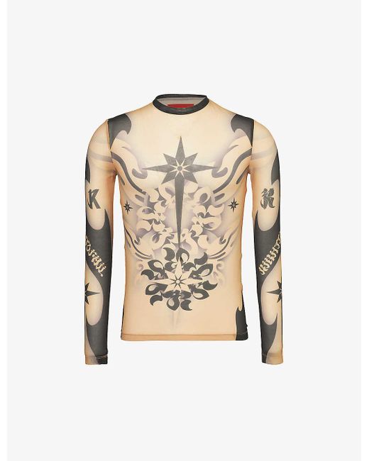 Kusikohc Natural Tattoo-print Long-sleeved Stretch-mesh Top for men