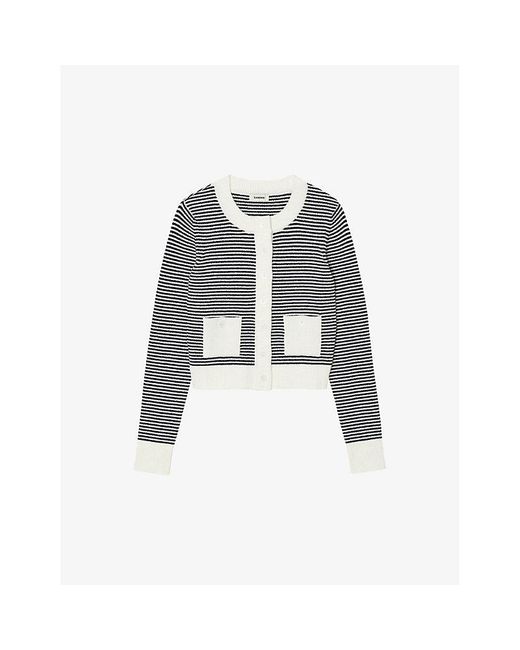 Sandro Gray Striped Terry-textured Stretch-knit Cardigan
