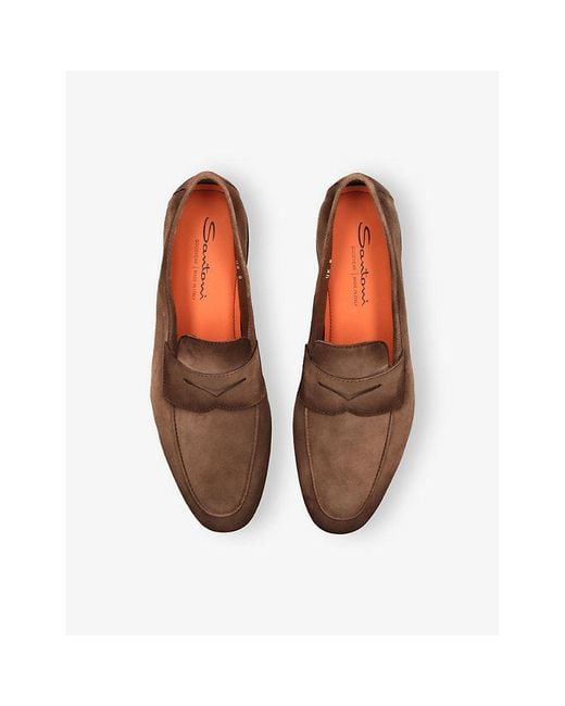 Santoni Brown Carlo Suede Penny Loafers for men