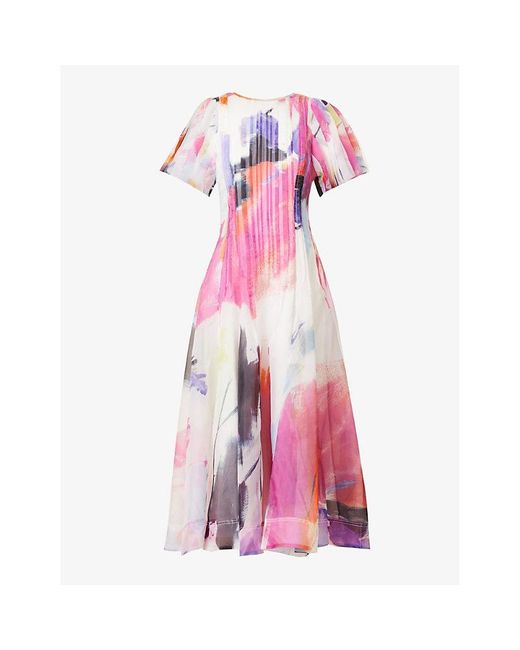 Aje. Pink Nova Abstract-print Pleated Maxi Dress