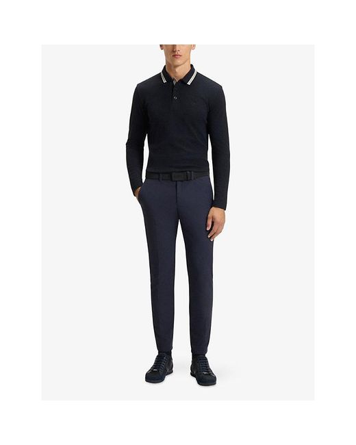 Boss Blue Brand-Emed Long-Sleeved Cotton-Piqué Polo Shirt for men