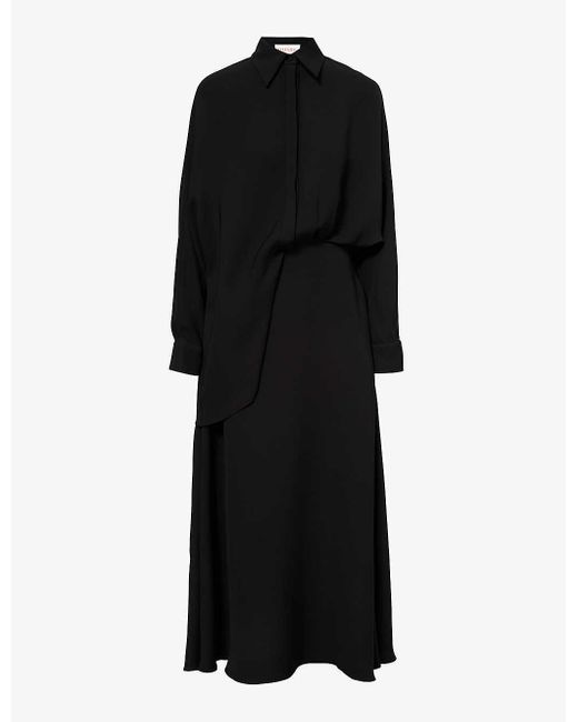 Valentino Garavani Black Spread-collar Relaxed-fit Silk Midi Dress