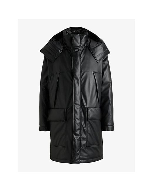HUGO Black Embossed-Logo Longline Faux Leather-Down Jacket for men