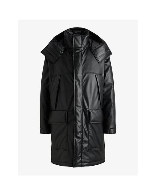 HUGO Black Embossed-Logo Longline Faux Leather-Down Jacket for men