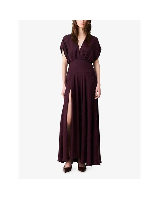 Maje Purple Jacquard V-Neck Woven Maxi Dress