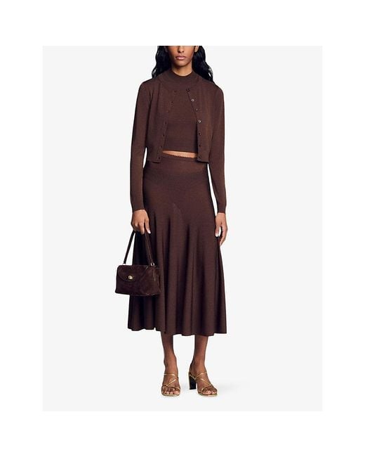Sandro Brown Round-Neck Fine-Knit Cardigan