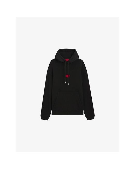 HUGO Black Branded Relaxed-Fit Cotton-Blend Hoody for men