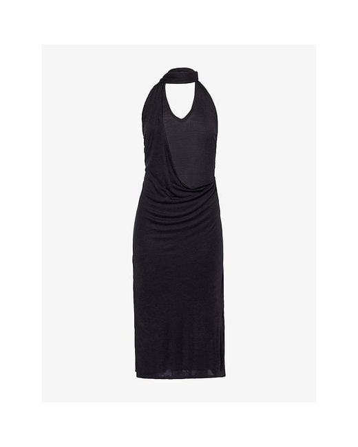 Belle Anna Blue Duo Halterneck Wool-Blend Midi Dress