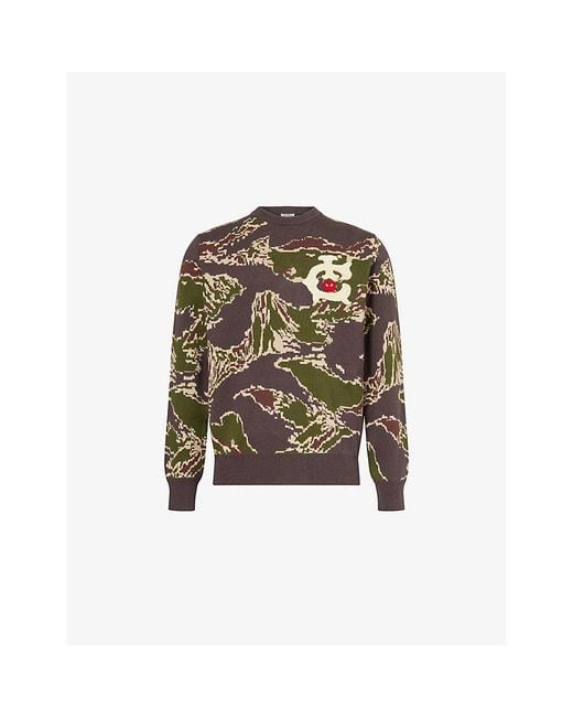 ICECREAM Green Tiger Stripe Crewneck Cotton-Knit Jumper for men