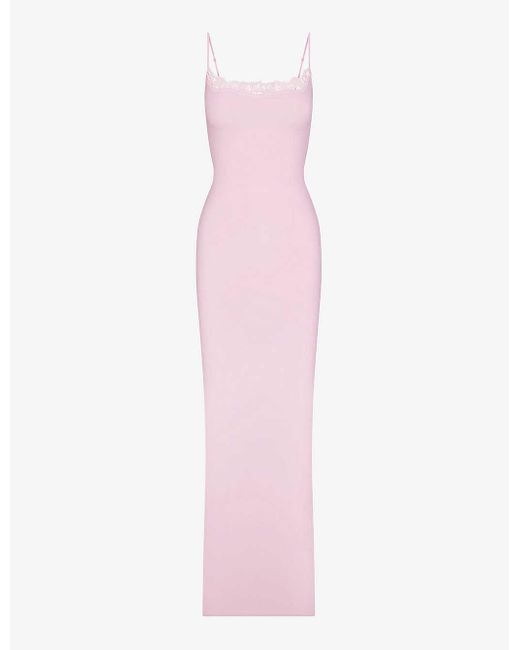 Skims Pink Fits Everybody Lace-trim Stretch-woven Maxi Slip Dress X