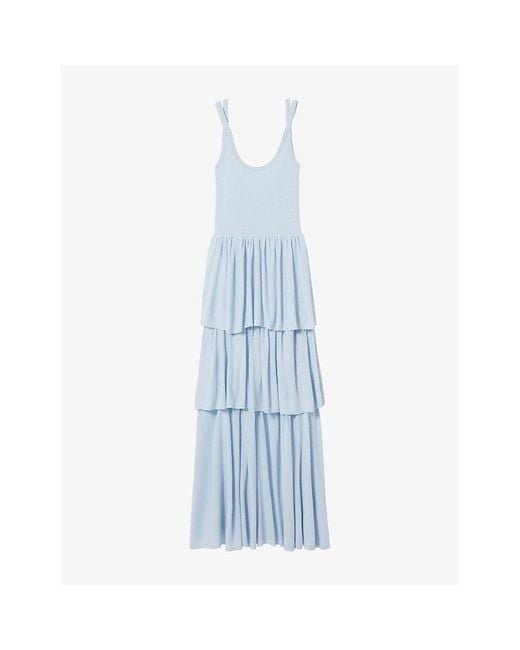 Claudie Pierlot Blue Scoop-Neck Ruffle-Skirt Knitted Maxi Dress