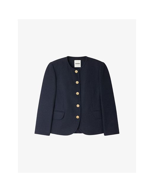Sandro Blue Round-Neck Side-Pocket Woven Jacket