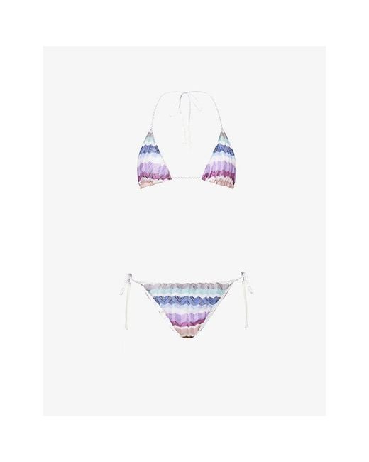 Missoni White Zigzag-Pattern Triangle Tulle Bikini Set