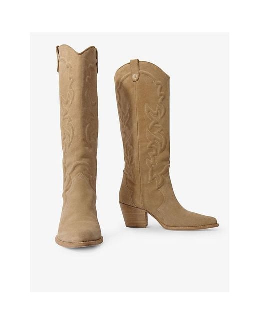 Maje Brown Western-embroidered Block-heel Suede Knee-high Boots
