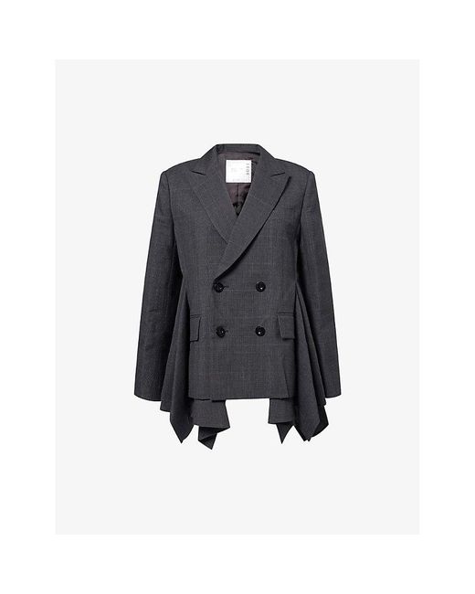 Sacai Blue Glen-Check Pleated Wool Blazer