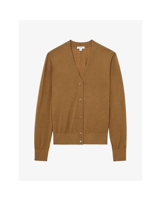 Reiss Brown Simi V-Neck Wool Cardigan